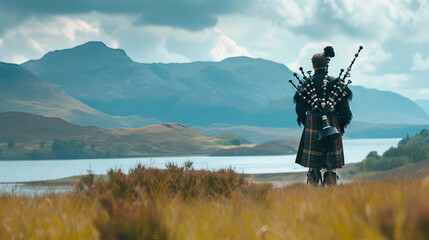 highlander wearing a scottish kilt with bagpiper in the misty Scottish landscape - AI Generated