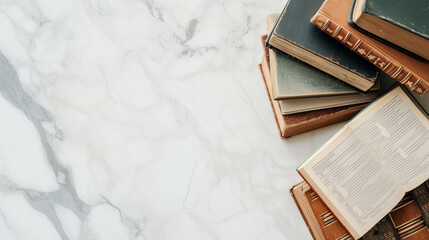Open vintage book on white marble table with copy space for national library workers day - AI Generated