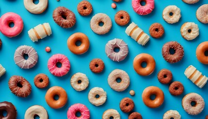 Confectionery and sweets collage. Donuts, cupcakes, cookies, macaroons over blue background created with generative ai

