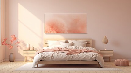 Minimalist bedroom with botanical art piece and soft natural lighting. In a fashionable trendy color Peach. Ideal for home decor ads, design inspiration articles, and minimalist lifestyle features.