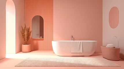 Fototapeta na wymiar Contemporary trendy Peach bathroom setup in sunlight. Minimalist style. Perfect for architectural digest content, interior design, luxury home marketing, home decor