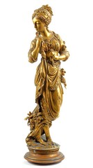 Elegant Gold statue of a woman on white background. Concept of classical art, luxury decor, sculpture, golden statue, artistry, elegance. Vertical format