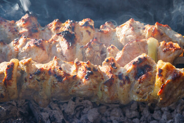 Grilled kebab cooking on metal skewer. Roasted meat cooked at barbecue.Traditional eastern dish, shish kebab. Grill on charcoal and flame, picnic, street food