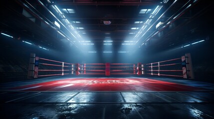 Empty lit boxing ring in a dark, spacious arena. Atmosphere is intense and anticipatory. Concept of...