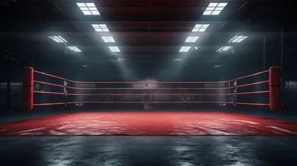 Fotobehang Illuminated empty red boxing ring. Concept of sports, competition, boxing, combat sports, training Sessions © Jafree
