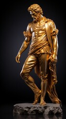 Fototapeta na wymiar Gold statue of man on a black background. Concept of classical sculpture, luxury decor, antiquity art, golden statue, artistry, elegance, renaissance. Vertical format