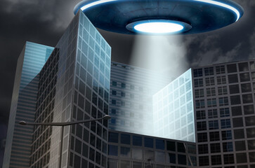 Alien spaceship emitting light over buildings. UFO, extraterrestrial visitors