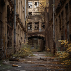 Abandoned Urban Alleyway with Decaying Buildings and Overgrown Vegetation