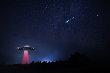 UFO. Alien spaceship in sky emitting light beam. Extraterrestrial visitors