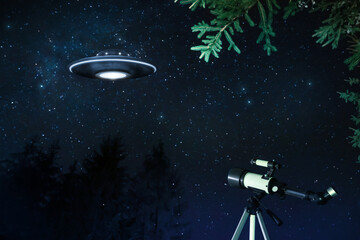 UFO. Alien spaceship in starry sky at night. Extraterrestrial visitors
