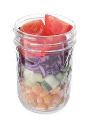 Healthy salad in glass jar isolated on white