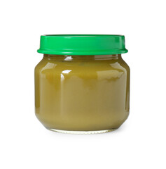 Baby food. Tasty healthy puree in jar isolated on white