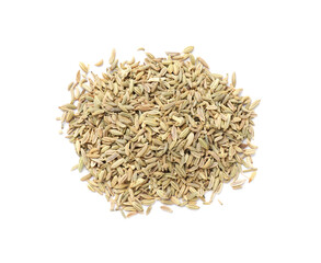 Pile of dry fennel seeds isolated on white, top view