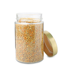 Fresh bee pollen granules in jar isolated on white