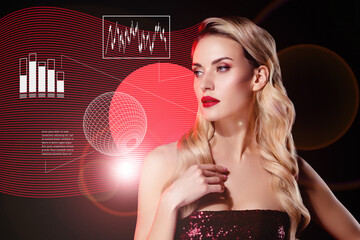 Creative collage of beautiful stunning lady company owner using vr holograms analyze profit income