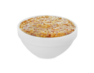 Fresh whole grain mustard in bowl isolated on white