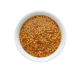 Fresh whole grain mustard in bowl isolated on white, top view