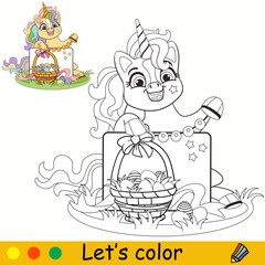 Kids coloring with unicorn with basket vector