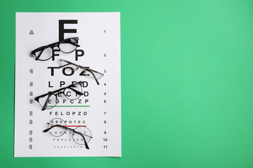 Vision test chart and glasses on green background, flat lay. Space for text