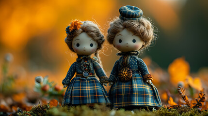 Cute Dolls in Scottish Heritage Celebration Dress for National Tartan Day - AI Generated Abstract Art