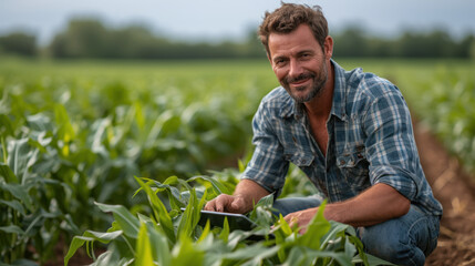 Naklejka premium A modern farmer in a corn field using a digital tablet to view crop and harvest productivity