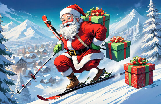Christmas background, Santa Claus skiing with gifts in winter.