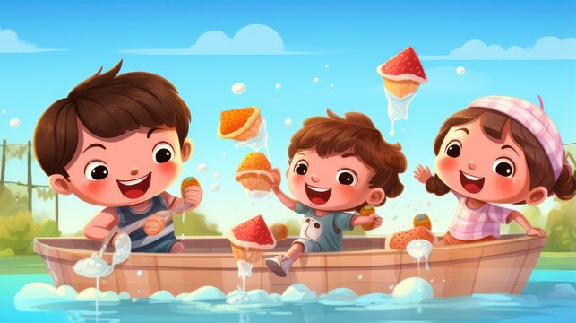 Cartoon illustration of cheerful children playing canoe in the water in summer. Blue sky background wallpaper The joy of preschool children during summer vacation