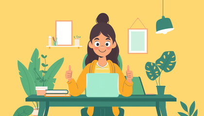 A girl smiles and gives a thumbs up working at a laptop on a yellow background wearing a yellow jumper