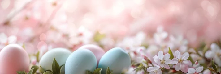 Poster Easter-themed banner, pastel-colored eggs delicately arranged among spring greenery, backdrop of blooming cherry blossoms, soft and dreamy spring feel © mikeosphoto