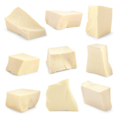 Pieces of tasty chocolate isolated on white, set