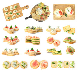Delicious crackers with different toppings isolated on white, set