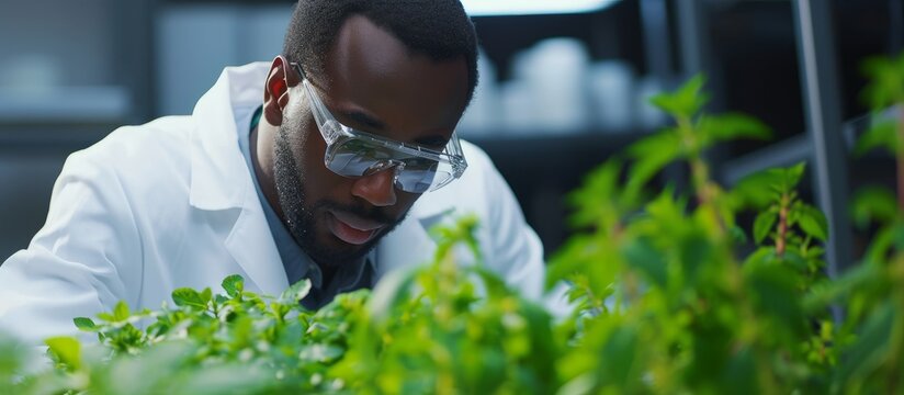 Male scientist focuses on examining crops, taking notes in a scientific lab.