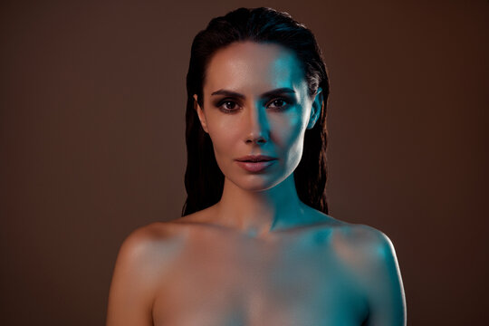 Photo of chic elegant lady with glowing skin pure perfection after body care over brown color background