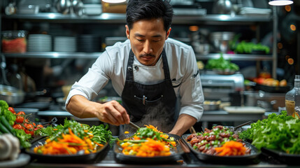 Asian chef cooking in the James Beard House, fine dining setup