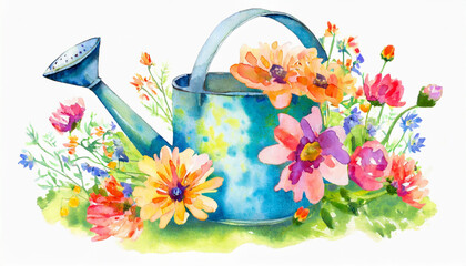 Watercolor watering can floral arrangement. Spring flowers bouquet illustration, isolated on white