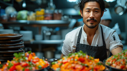 Asian chef cooking in the James Beard House, fine dining setup