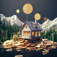 Illustration of a tiny house in the village with mountain hill background. - obrazy, fototapety, plakaty
