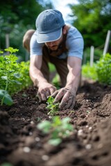 man working in soil in garden, in the style of light brown and green, nature-inspired