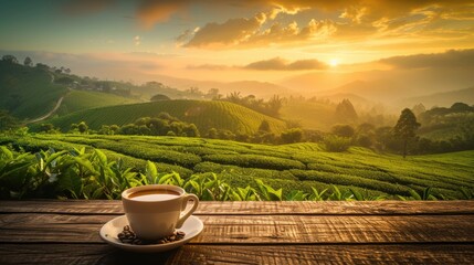 a cup of coffee with a view of the coffee field, in the style of dynamic landscapes, smokey background