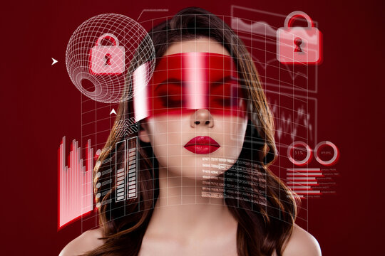 Creative futuristic collage of lady process augmented reality access have face recognition identification