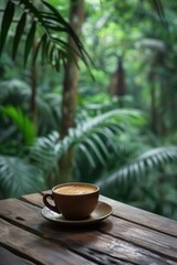coffee cup on the wooden table in tropical forest panorama