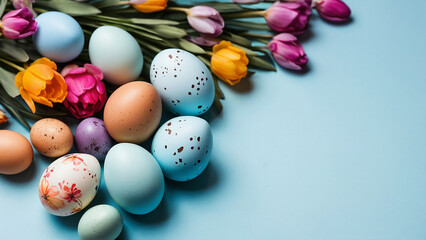 Easter eggs and spring flowers on blue paper background. Easter composition. Space for text. Top view