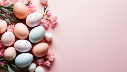 Easter eggs and spring flowers on pink paper background. Easter composition. Space for text. Top view