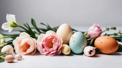 Fototapeta na wymiar Colourful eggs and spring flowers on white background. Stylish gentle spring template with space for text. Happy Easter minimalistic composition.