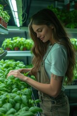 Obraz premium a young woman is growing fresh basil in an indoor farm