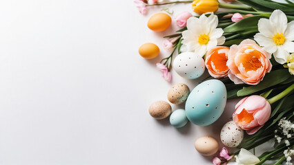 Colourful eggs and spring flowers on white background. Stylish gentle spring template with space for text.  Happy Easter minimalistic composition.