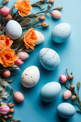 Easter eggs and spring flowers on blue paper background. Easter composition. Space for text. Top view