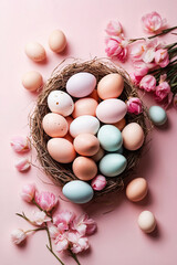 Easter eggs and spring flowers on pink paper background. Easter composition. Space for text. Top view