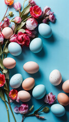 Easter eggs and spring flowers on blue paper background. Easter composition. Space for text. Top view