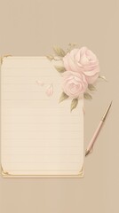 A blank open notebook adorned with pink roses, a golden pen lies beside on a plain background